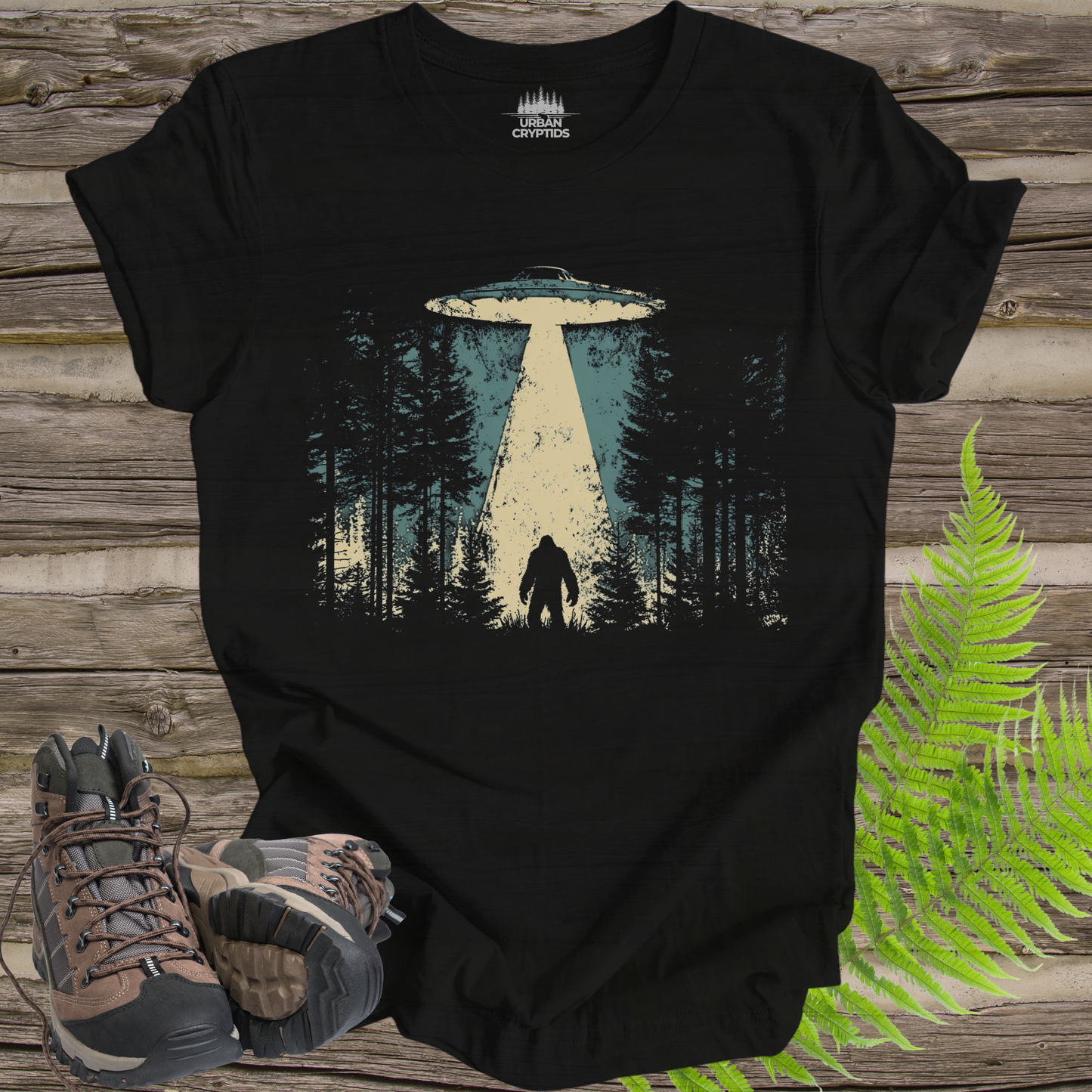 Bigfoot UFO Abduction T-Shirt – Forest Encounter Cryptid Graphic Tee