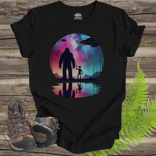 Bigfoot UFO Shirt – Alien First Contact Galaxy Graphic Tee