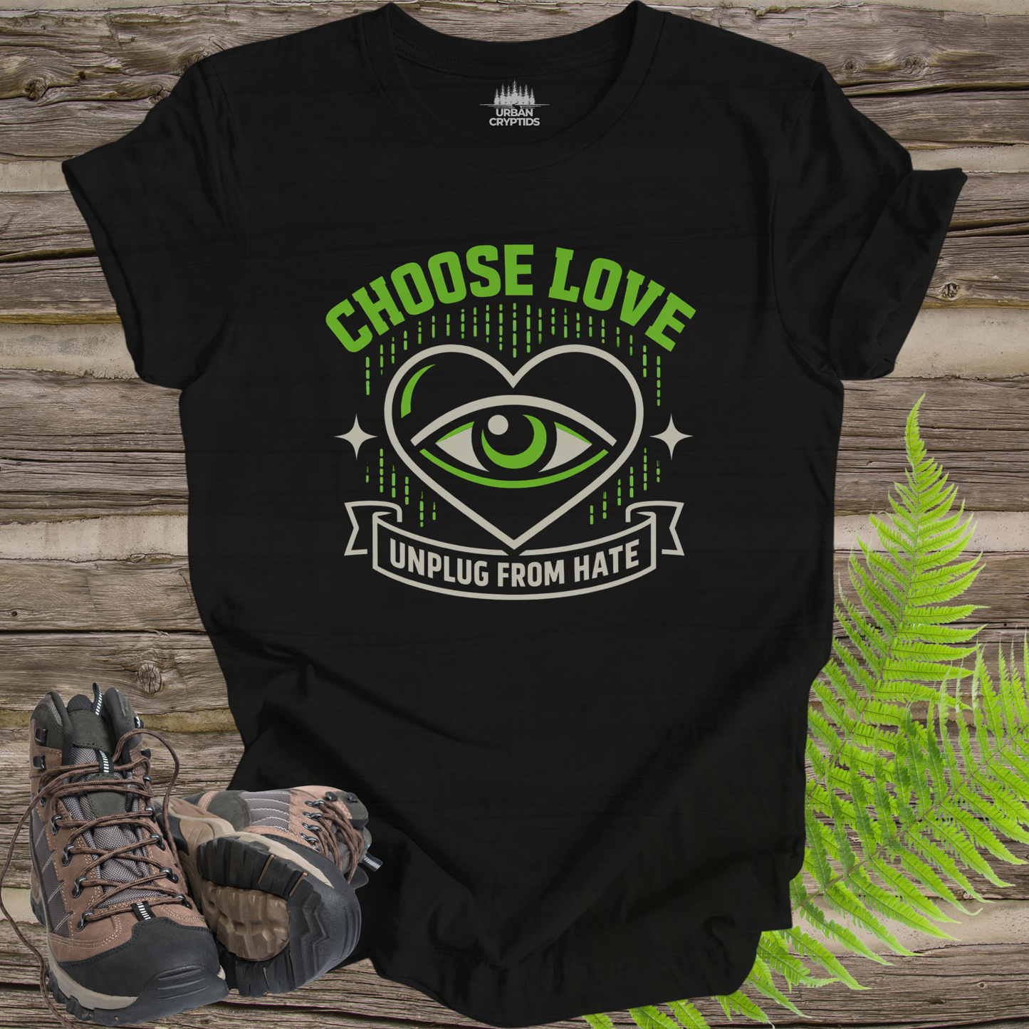 Choose Love “Unplug From Hate” T-Shirt | Heart Eye Awareness Graphic Tee | Mindful Statement Shirt
