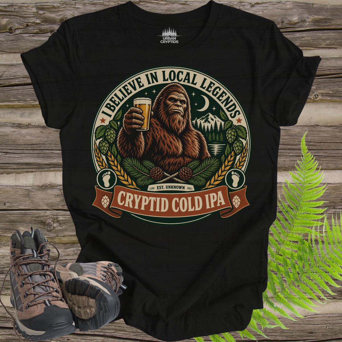 Believe in Local Legends T-Shirt – Bigfoot Cryptid Cold IPA Graphic Tee