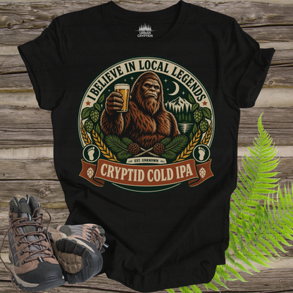 Believe in Local Legends T-Shirt – Bigfoot Cryptid Cold IPA Graphic Tee