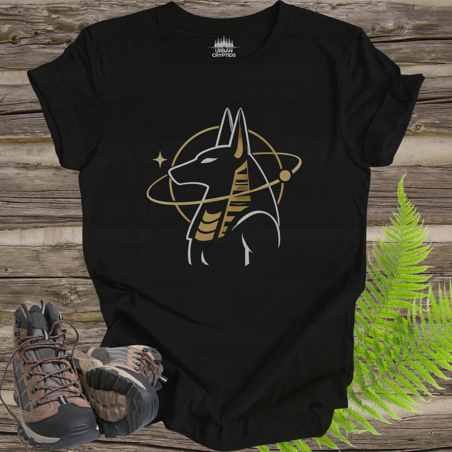Anubis Cosmic Emblem T-Shirt – Egyptian God Minimalist Gold Design