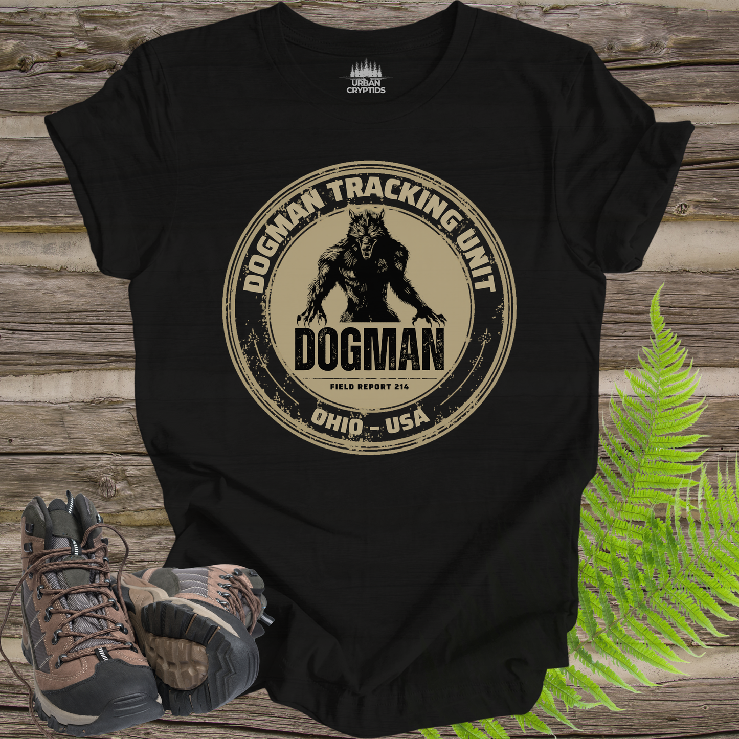 Dogman Tracking Unit T-Shirt – Cryptid Field Report 214 Vintage Badge Tee