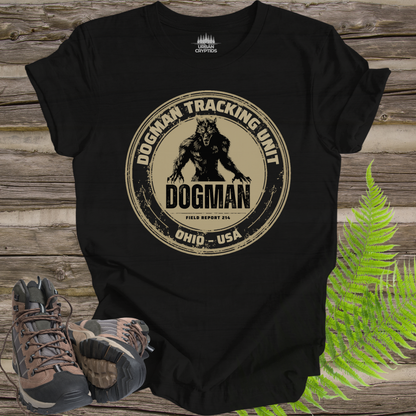Dogman Tracking Unit T-Shirt – Cryptid Field Report 214 Vintage Badge Tee