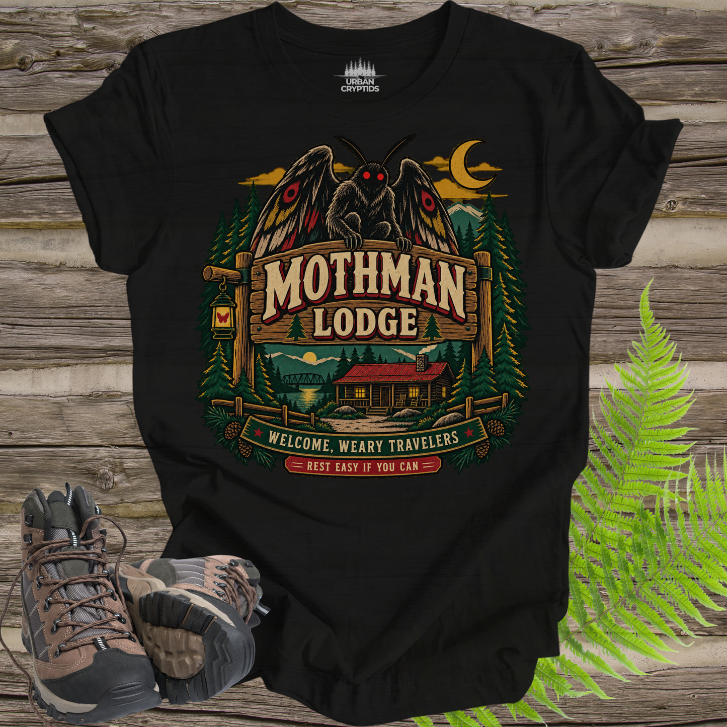 Mothman Lodge T-Shirt – Vintage Appalachian Cryptid Cabin Tee