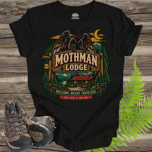 Mothman Lodge T-Shirt – Vintage Appalachian Cryptid Cabin Tee