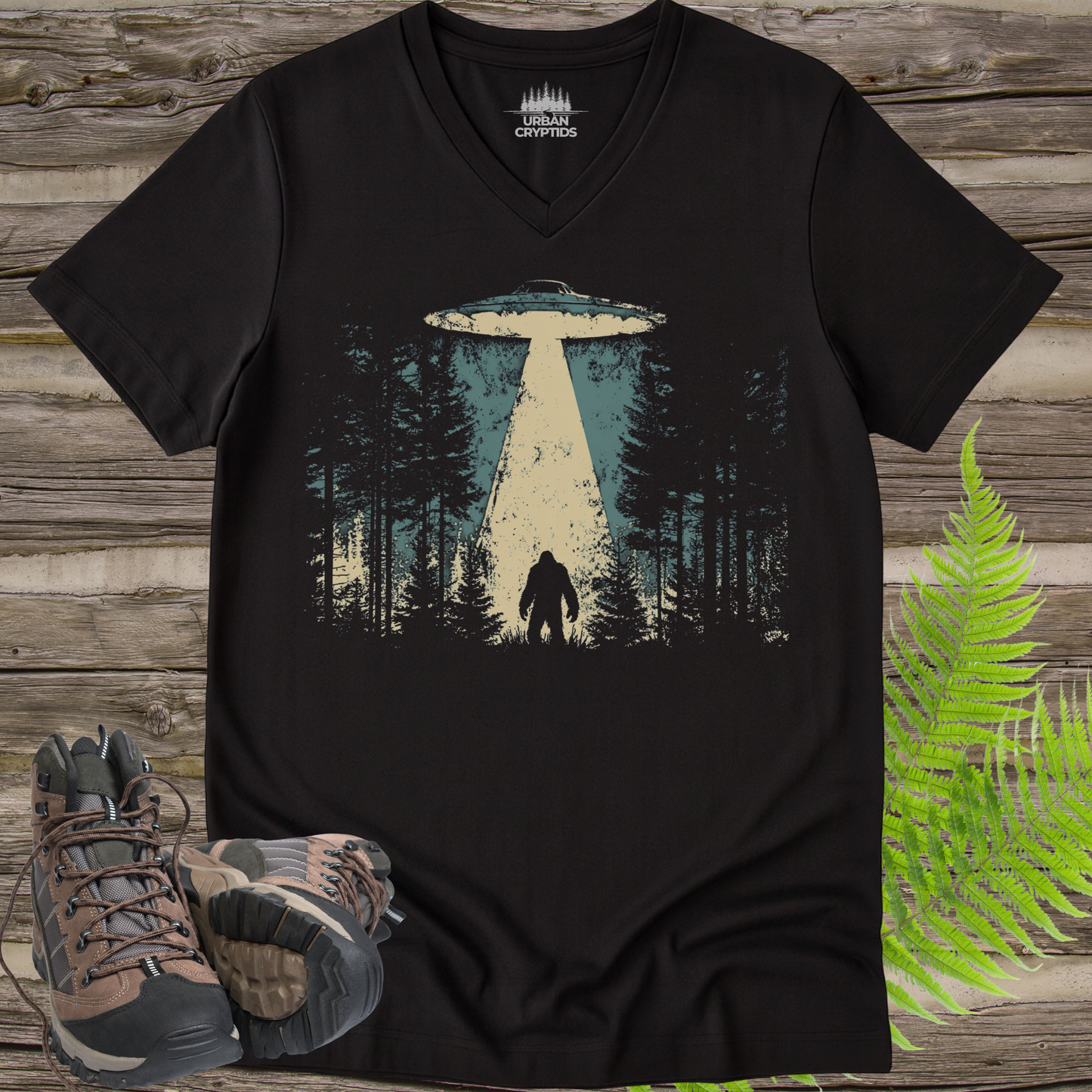 Bigfoot Abduction V-Neck T-Shirt | UFO Encounter in the Pines