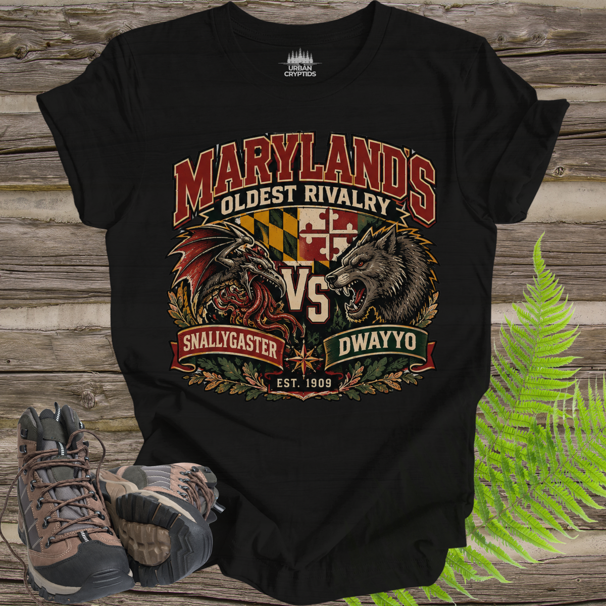 Snallygaster vs. Dwayyo T-Shirt – Maryland Cryptid Rivalry Tee