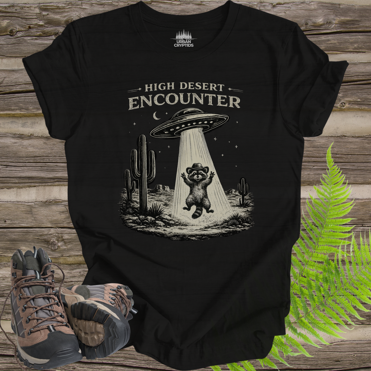 High Desert Encounter T-Shirt – Vintage UFO Raccoon Abduction Tee