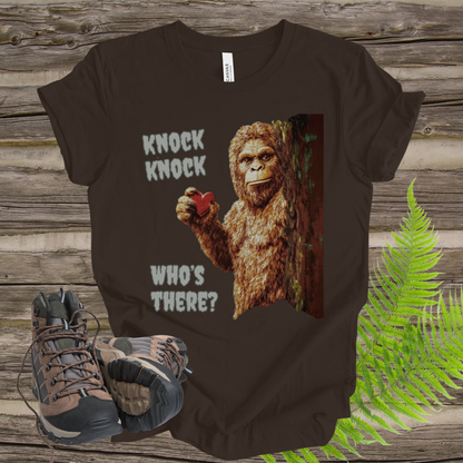 Funny Bigfoot Unisex Tee - 'Knock Knock, Who's There?'