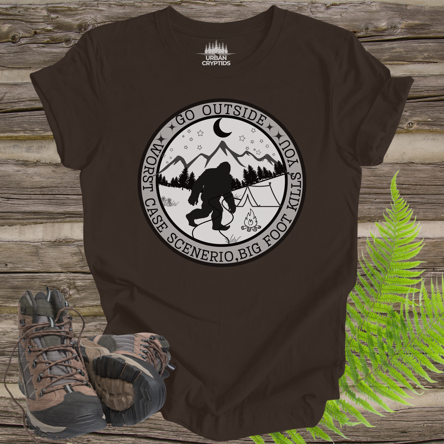 Funny Bigfoot Tee – “Go Outside, Worst Case Scenario Bigfoot Kills You” Shirt