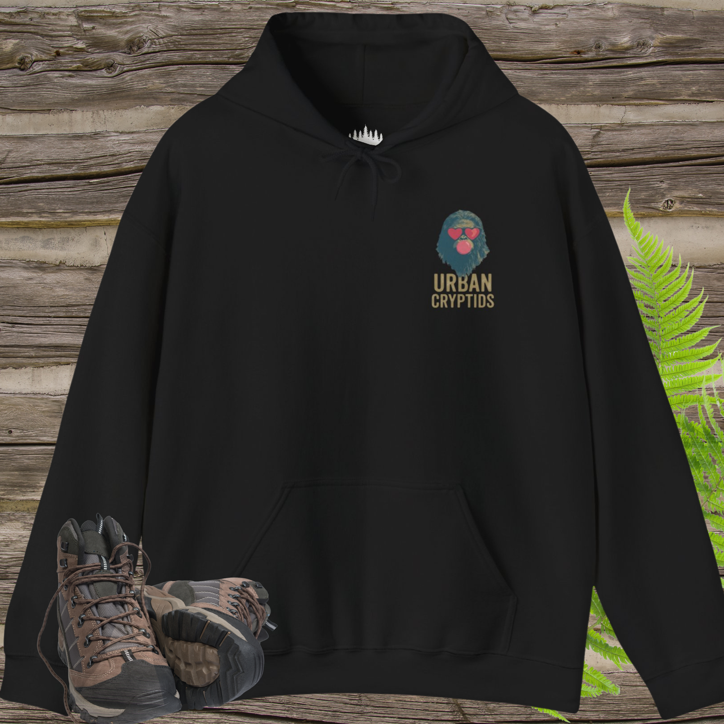 Bubblegum Sasquatch Hoodie | Urban Cryptids Bigfoot Heart Shades Pullover Sweatshirt