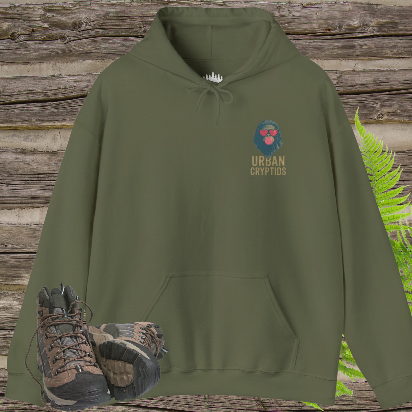 Bubblegum Sasquatch Hoodie | Urban Cryptids Bigfoot Heart Shades Pullover Sweatshirt