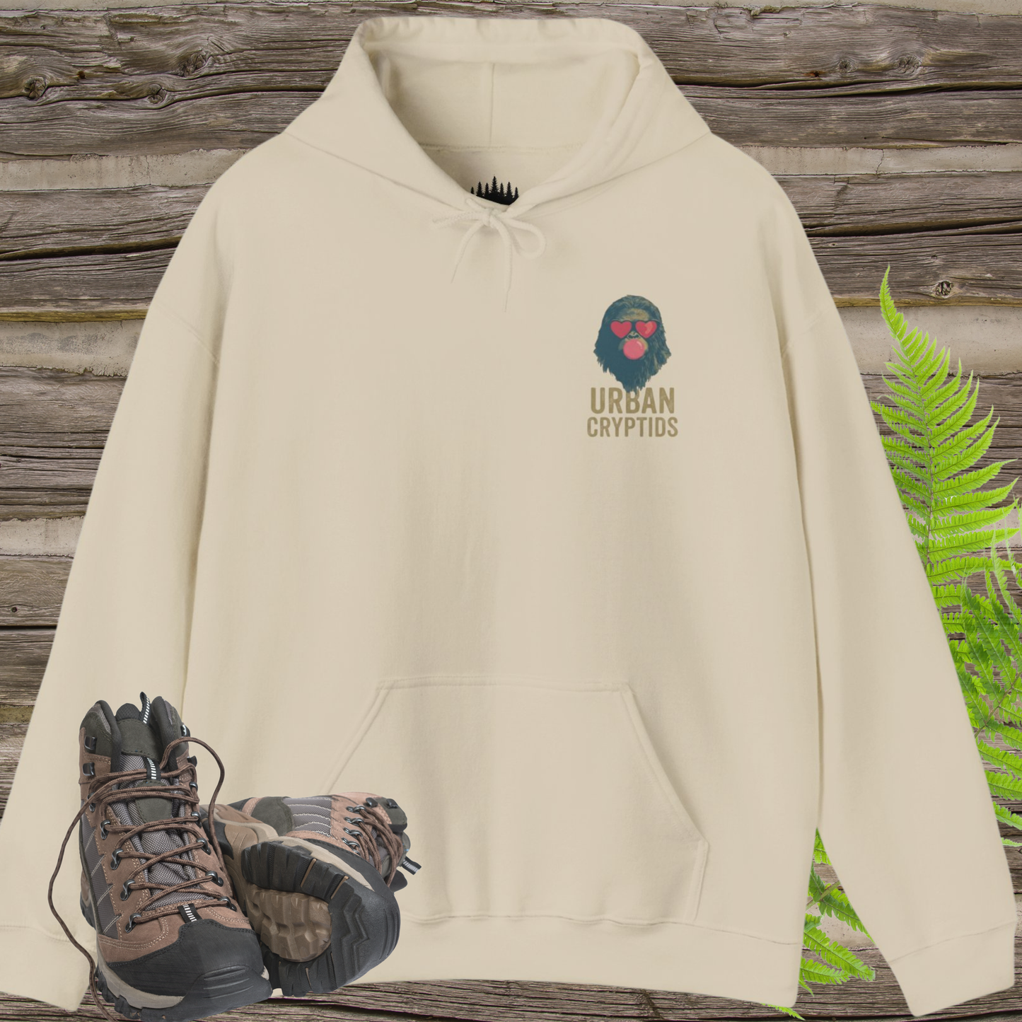Bubblegum Sasquatch Hoodie | Urban Cryptids Bigfoot Heart Shades Pullover Sweatshirt