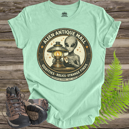 Alien Antique Mall Shirt | Cryptid Town Tee | Oddities Relics Strange Finds UFO Lamp Vintage Store Logo