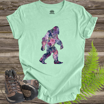 Floral Bigfoot T-Shirt | Wildflower Sasquatch Silhouette Graphic Tee | Nature Lover Cryptid Shirt