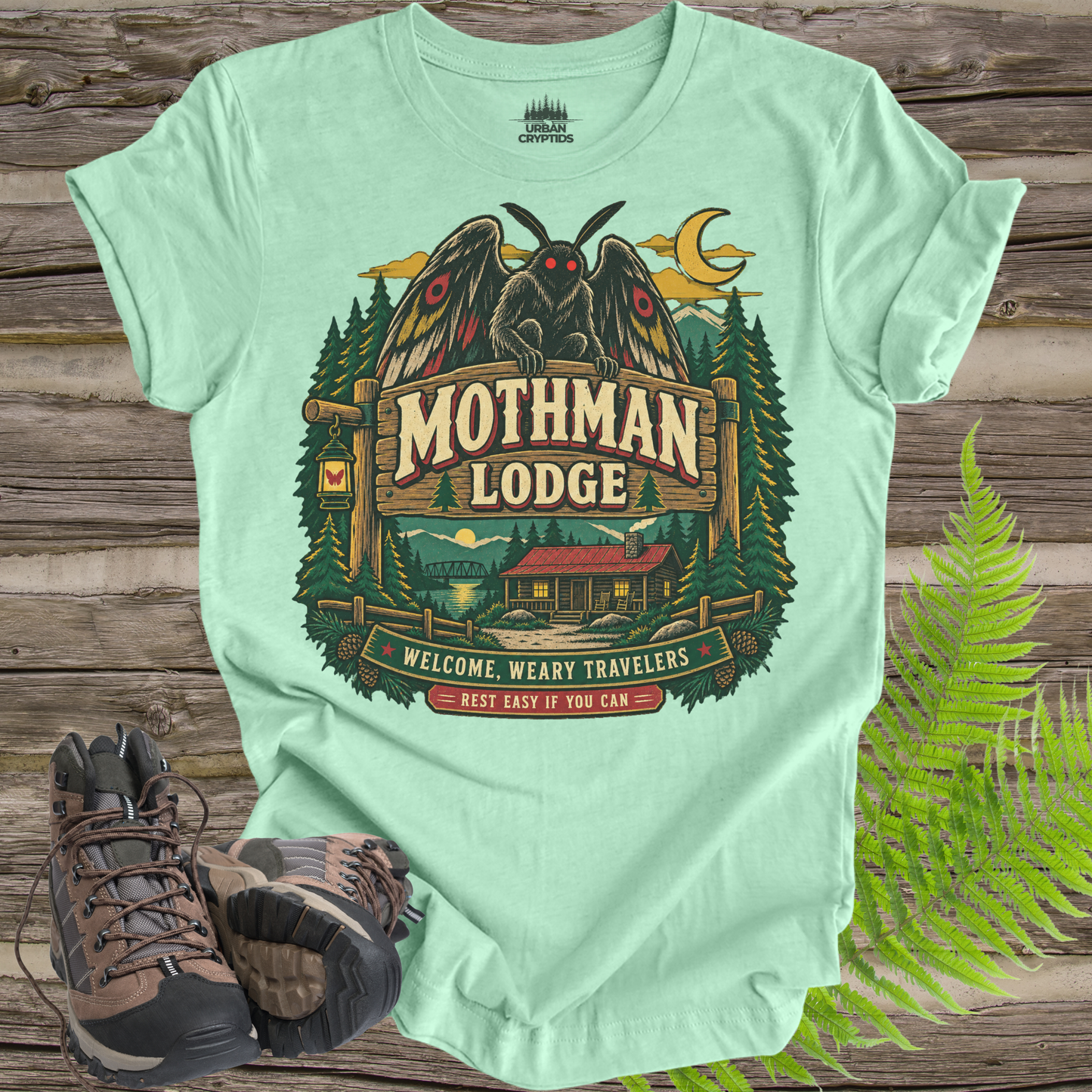 Mothman Lodge T-Shirt – Vintage Appalachian Cryptid Cabin Tee