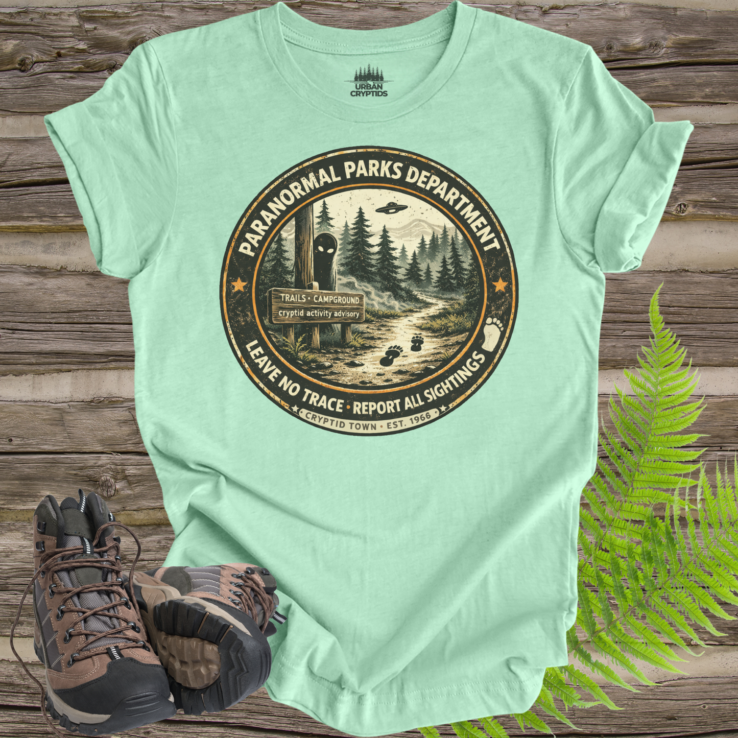 Paranormal Parks Department Shirt | Cryptid Town Tee | Leave No Trace Report All Sightings Vintage Ranger Badge