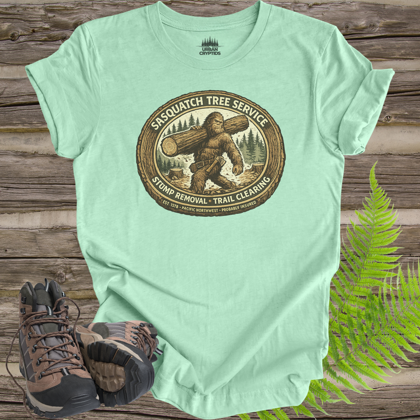 Sasquatch Tree Service Shirt | Cryptid Town Tee | Bigfoot Lumberjack Vintage Badge Stump Removal Trail Clearing