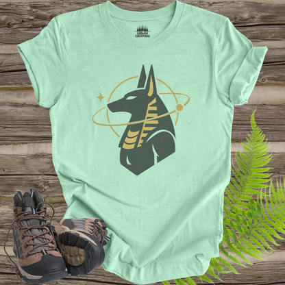 Anubis Cosmic Emblem T-Shirt – Egyptian God Minimalist Gold Design