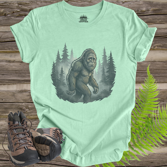 Mysterious Bigfoot Forest Shirt – Vintage Sasquatch Silhouette Tee, Cryptid Aesthetic Shirt, Foggy Woods Graphic Tee