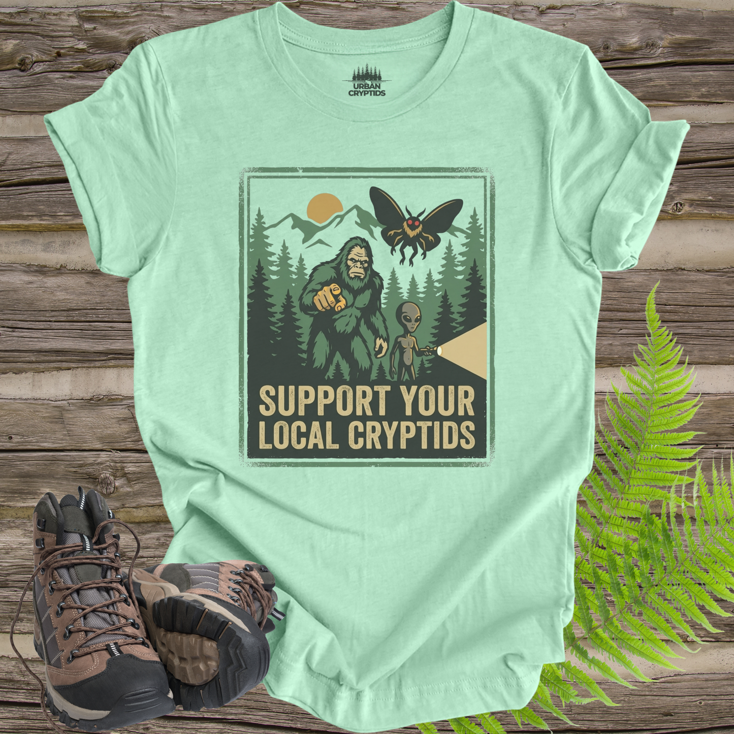 Support Your Local Cryptids Bigfoot Mothman Alien Funny Cryptid T-Shirt