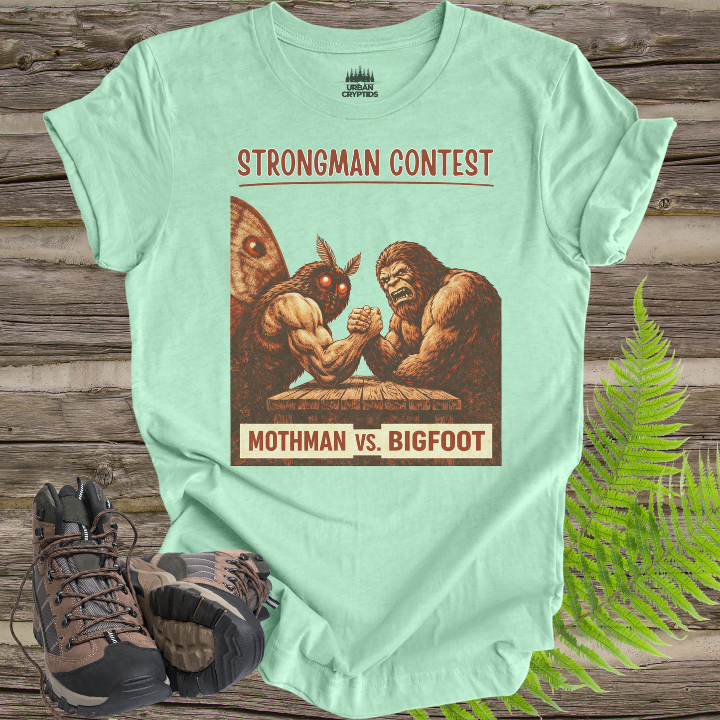 Mothman vs Bigfoot T-Shirt – Cryptid Strongman Arm Wrestling Contest Tee