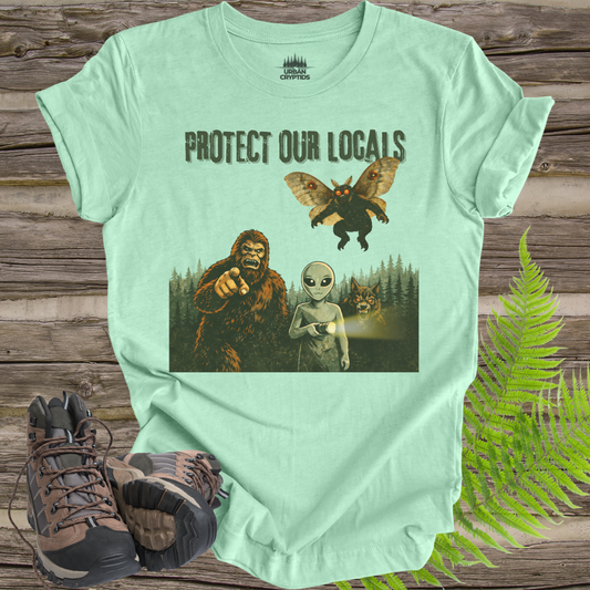 Protect Our Locals T-Shirt | Cryptid Conservation Graphic Tee | Bigfoot Mothman Alien Forest Shirt