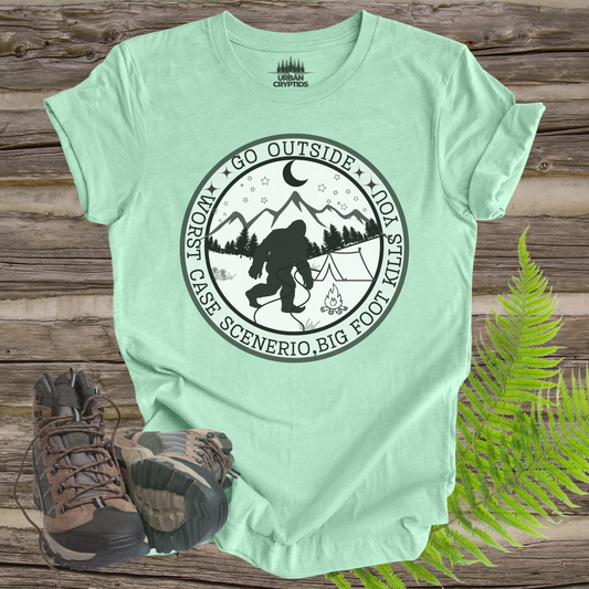 Funny Bigfoot Tee – “Go Outside, Worst Case Scenario Bigfoot Kills You” Shirt