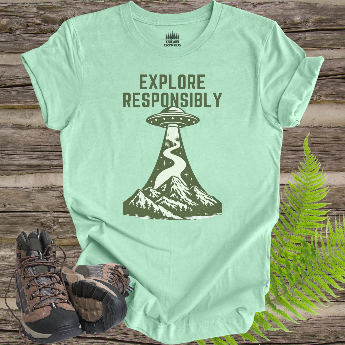Explore Responsibly UFO T-Shirt | Mountain Abduction Graphic Tee | Retro Space Explorer Shirt