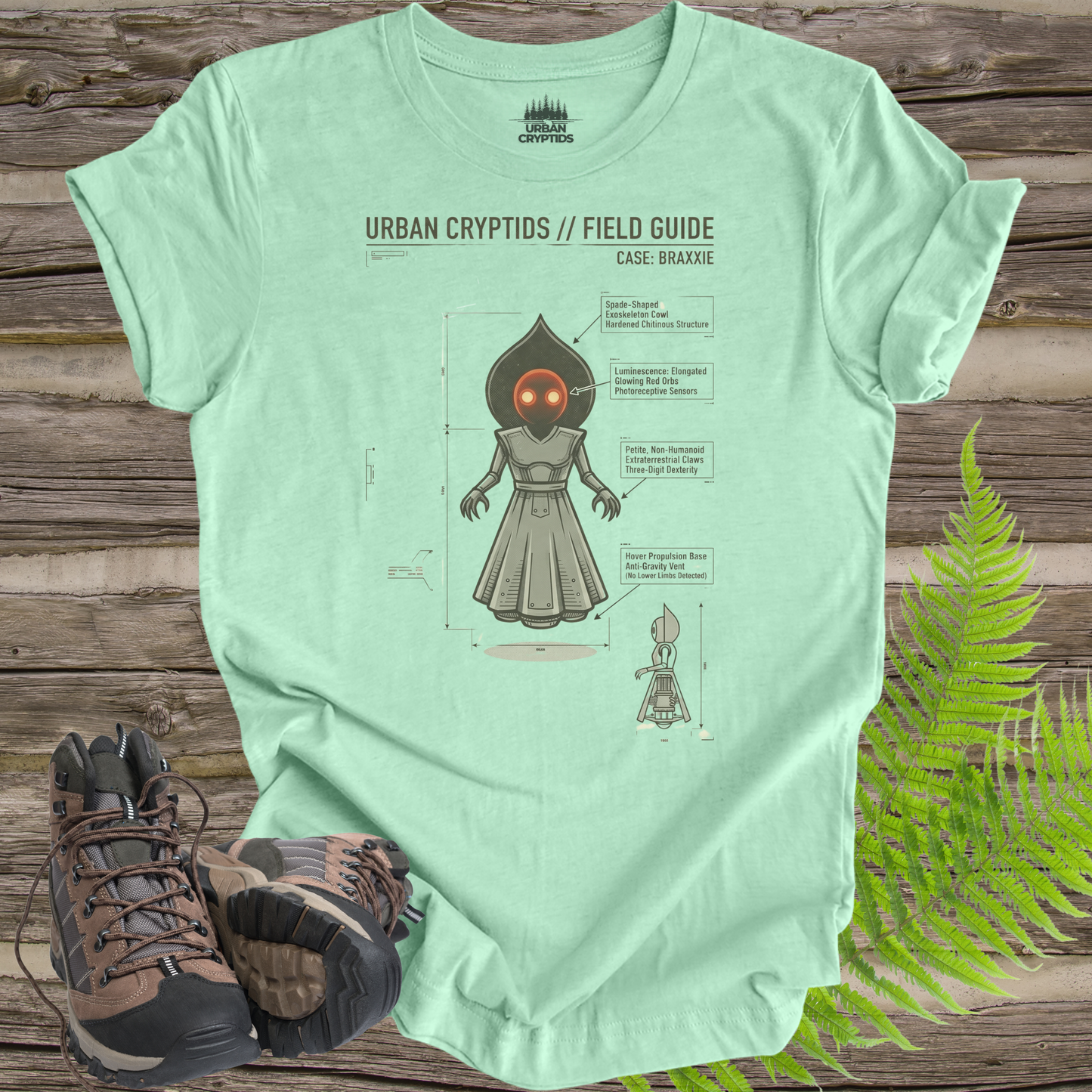 Urban Cryptids Field Guide: Braxxie | Flatwoods Monster Technical Diagram T-Shirt