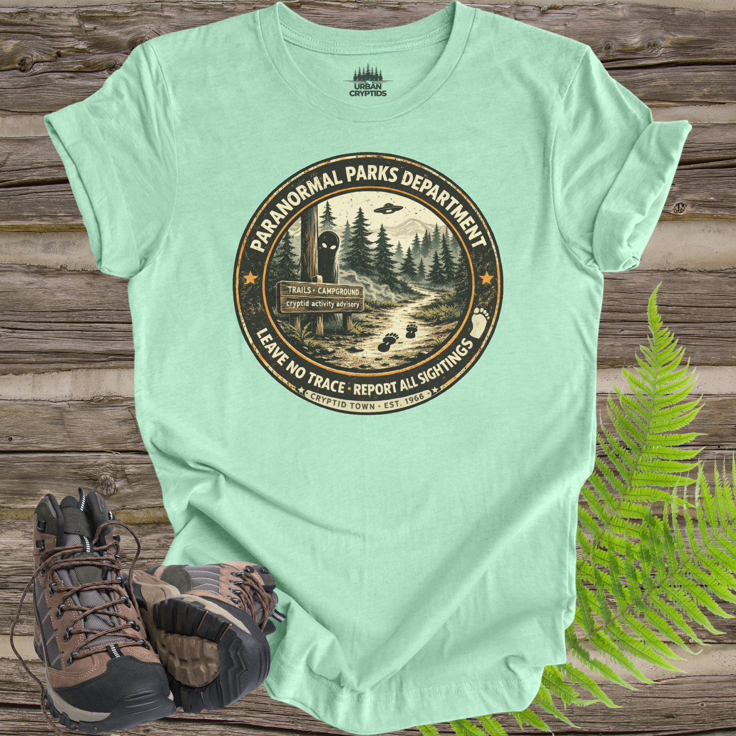 Paranormal Parks Department Shirt | Cryptid Town Tee | Leave No Trace Report All Sightings Vintage Ranger Badge