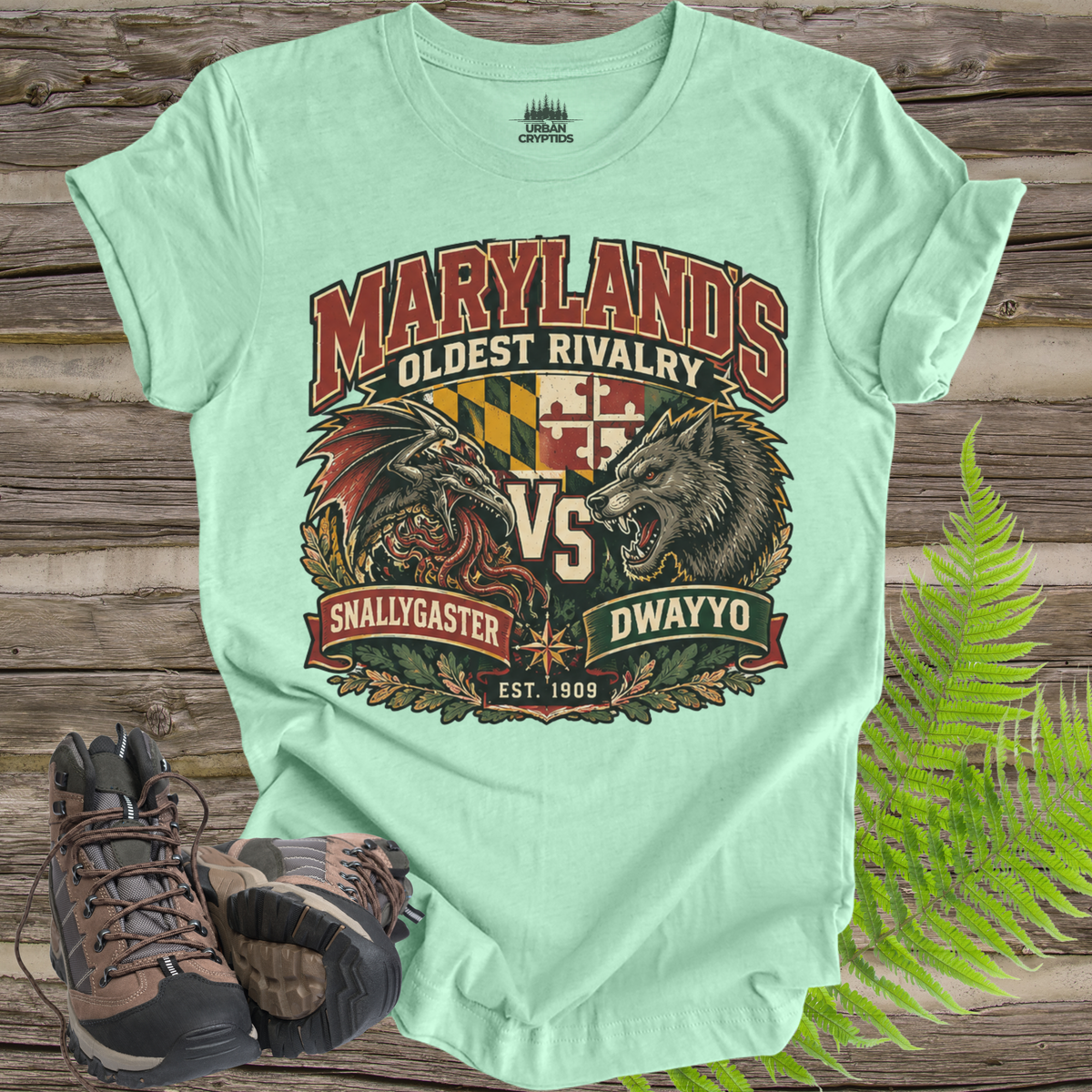 Snallygaster vs. Dwayyo T-Shirt – Maryland Cryptid Rivalry Tee