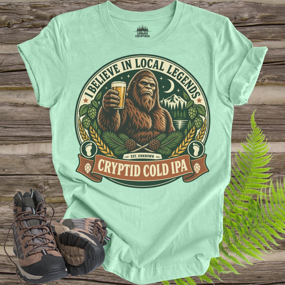 Believe in Local Legends T-Shirt – Bigfoot Cryptid Cold IPA Graphic Tee
