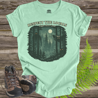 Respect the Locals Night Shift Crew T-Shirt | Spooky Forest Cryptid Graphic Tee | Funny Paranormal Outdoors Shirt