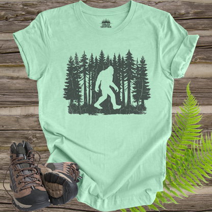 Bigfoot Forest Silhouette Shirt – Sasquatch Hiking Tee, Outdoors Cryptid Shirt, Minimalist Bigfoot T-Shirt