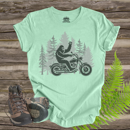 Bigfoot Biker Tee – Sasquatch Riding Motorcycle Forest Shirt