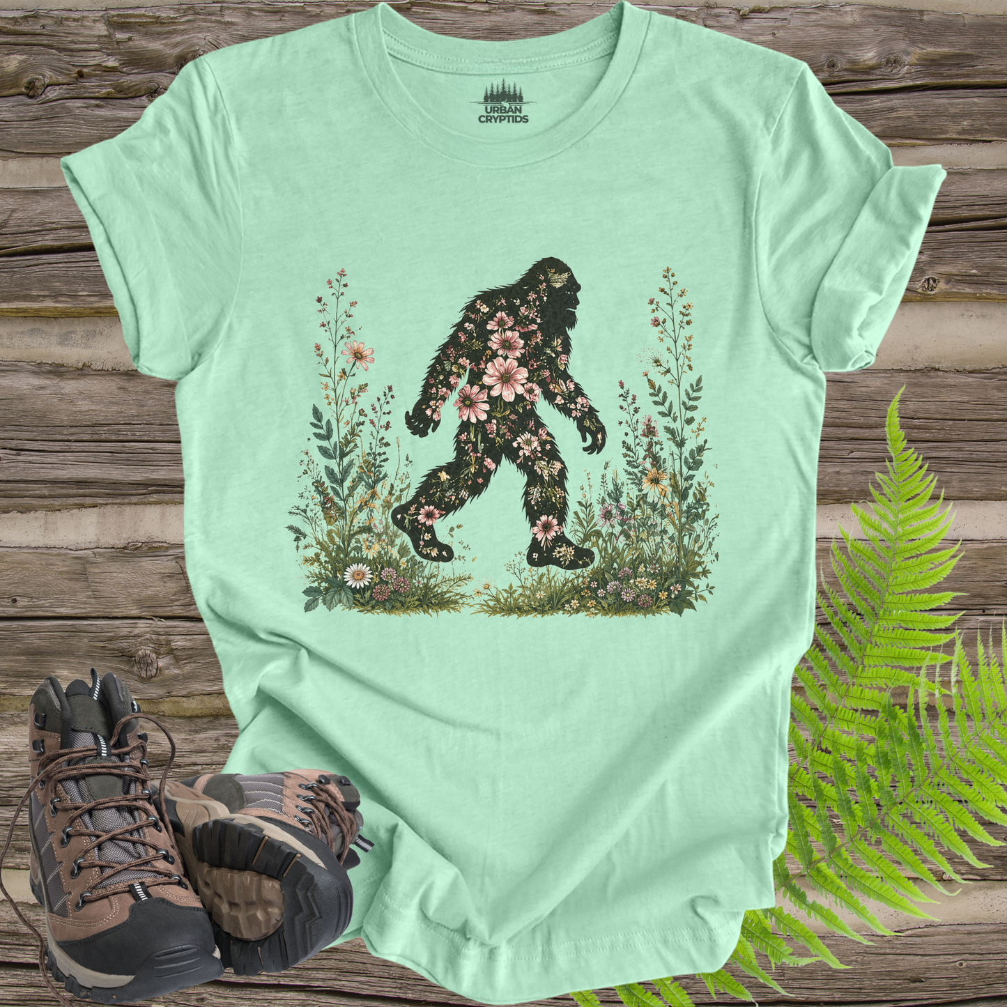 Wildflower Wanderer Bigfoot T-Shirt | Floral Sasquatch Nature Tee