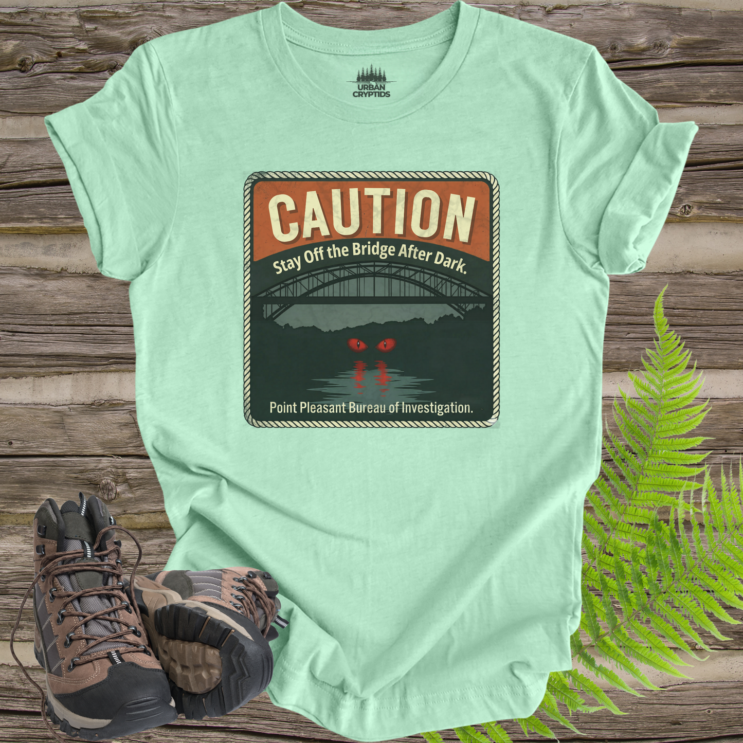 Mothman Caution Sign Shirt – Stay Off the Bridge After Dark, Point Pleasant WV Cryptid Poster Tee