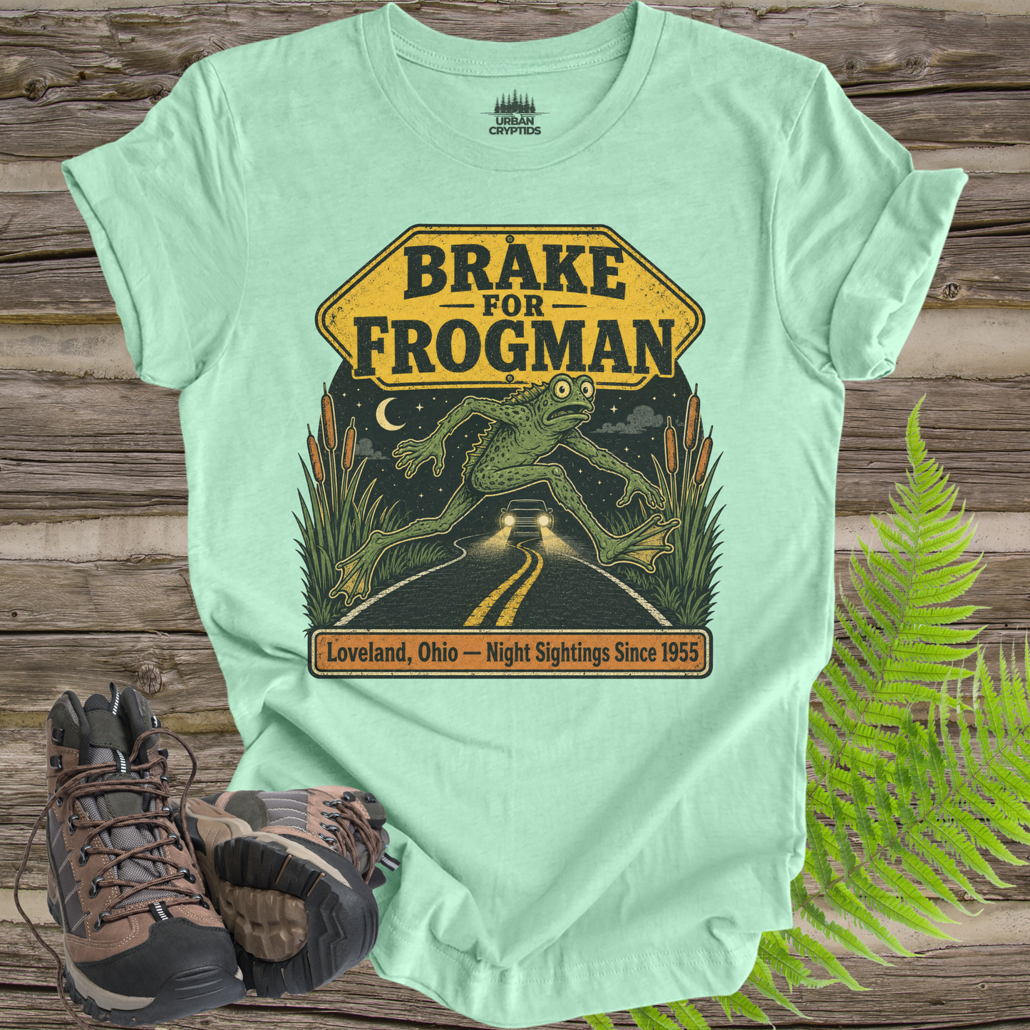 Brake for Frogman T-Shirt – Loveland Ohio Cryptid Roadside Tee
