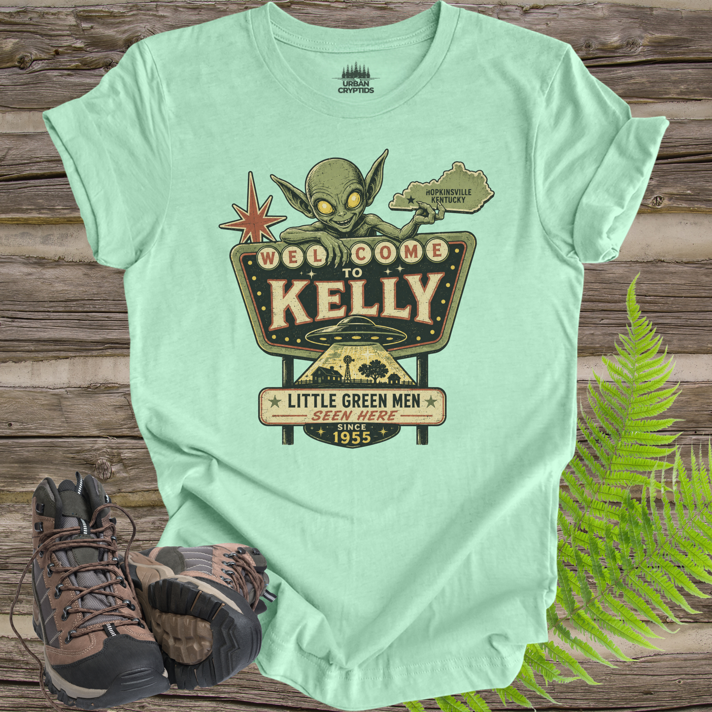 Welcome to Kelly | Little Green Men Seen Here Since 1955 Vintage Kentucky T-Shirt
