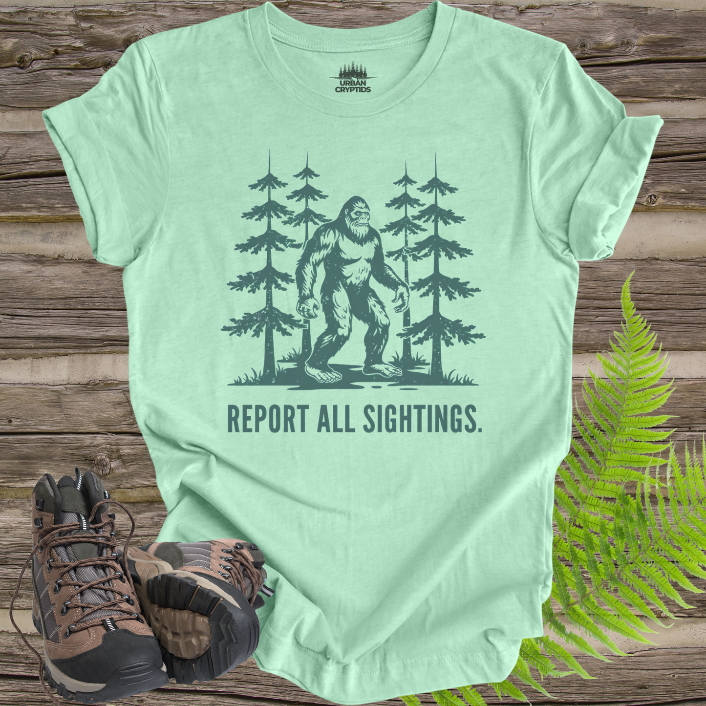 Bigfoot “Report All Sightings” T-Shirt – Vintage Cryptid Forest Design