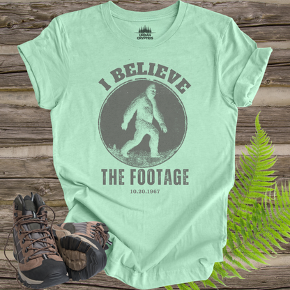 Bigfoot “I Believe the Footage” T-Shirt – Vintage Sasquatch Graphic Tee, Cryptid Shirt, Funny Bigfoot Shirt, Gift for Cryptid Lovers