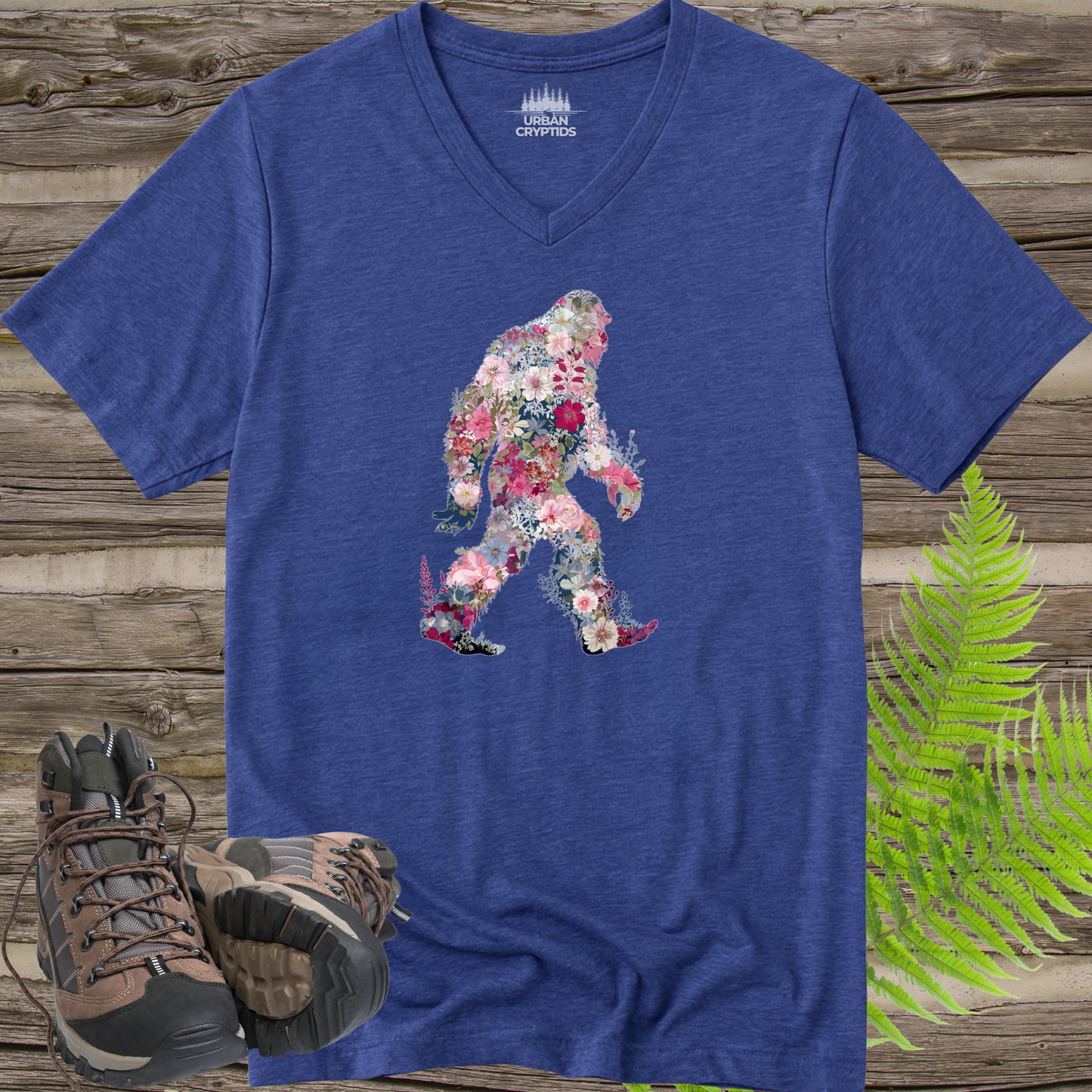 Floral Bigfoot V-Neck | Wildflower Sasquatch Silhouette Graphic Tee | Nature Lover Cryptid Shirt