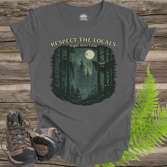Respect the Locals Night Shift Crew T-Shirt | Spooky Forest Cryptid Graphic Tee | Funny Paranormal Outdoors Shirt