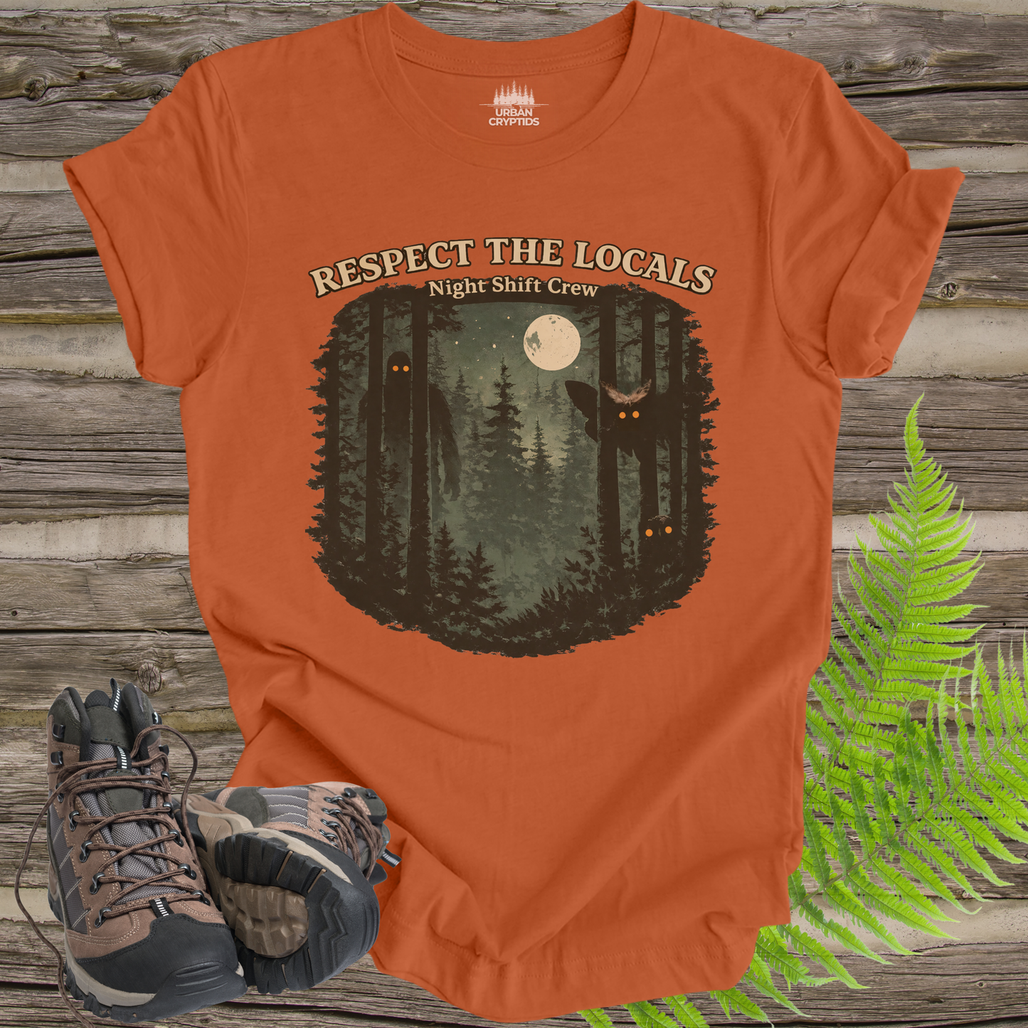Respect the Locals Night Shift Crew T-Shirt | Spooky Forest Cryptid Graphic Tee | Funny Paranormal Outdoors Shirt