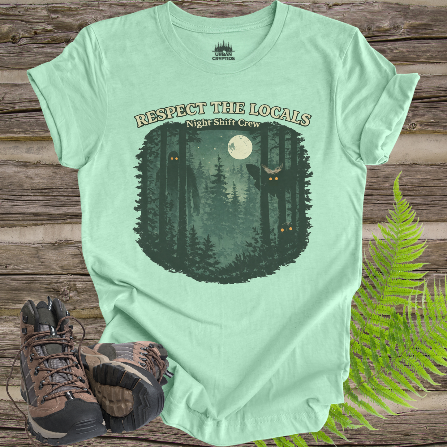 Respect the Locals Night Shift Crew T-Shirt | Spooky Forest Cryptid Graphic Tee | Funny Paranormal Outdoors Shirt