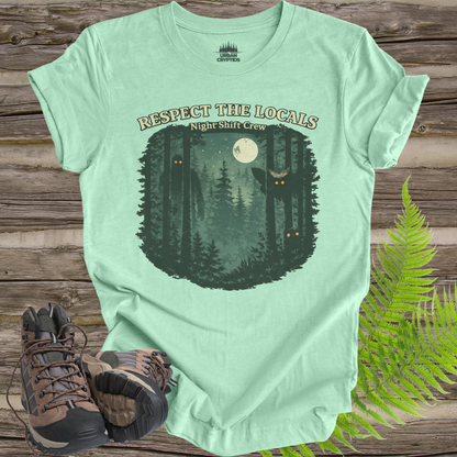 Respect the Locals Night Shift Crew T-Shirt | Spooky Forest Cryptid Graphic Tee | Funny Paranormal Outdoors Shirt