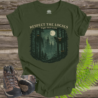 Respect the Locals Night Shift Crew T-Shirt | Spooky Forest Cryptid Graphic Tee | Funny Paranormal Outdoors Shirt