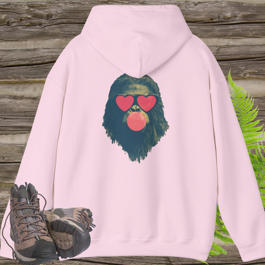 Bubblegum Sasquatch Hoodie | Urban Cryptids Bigfoot Heart Shades Pullover Sweatshirt